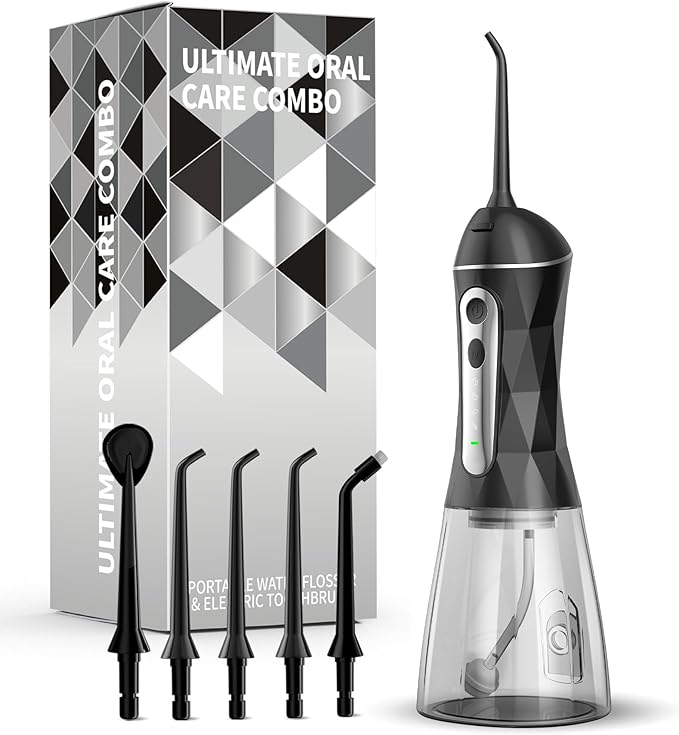 Electric Water Dental Flosser - Cordless Portable Teeth Cleaner, Rechargeable 320ML Larger Water Tank Oral Irrigator, 4 Modes with 5 Jet Tips and Travel Bag, IPX7 Waterproof (Black)