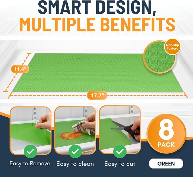 Refrigerator Liners for Shelves (8 Pack) by Linda’s Essentials - Non-Adhesive Shelf or Drawer Liner, BPA-Free Fridge Mats for Kitchen & Cabinets, Easy to Clean, Ideal Household Essentials (Green)