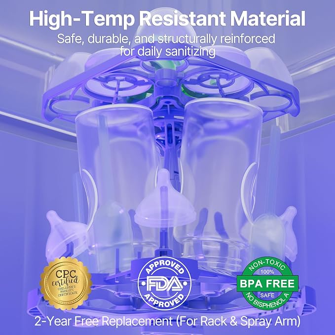 Baby Bottle Washer, Sterilizer & Dryer | All-in-One Pro Cleaning Machine with Fishbone Spray Arm, Self-Cleaning & AUTO Mode, Dual Water Inlet for Bottles, Breast Pump