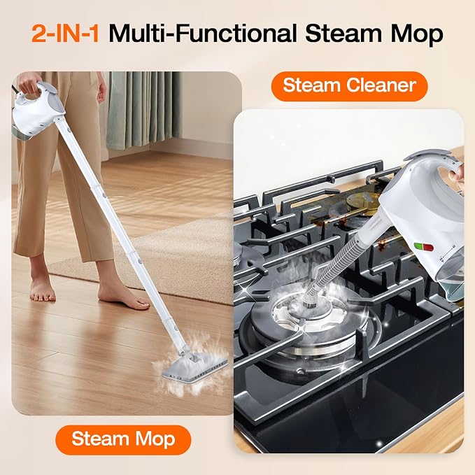 Steam Cleaner for Home, Steam Mop with Detachable Steamer, 320ml Water Tank, 10s Fast Heating, 10-in-1 Handheld Steamer for Cleaning Kitchen, Floor, Tiles, Window, BBQ Grill, Car