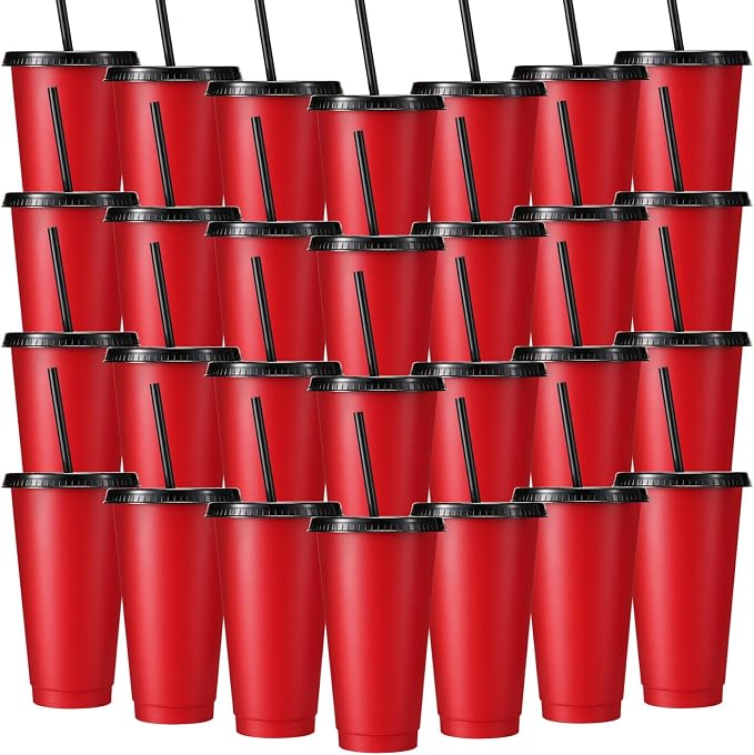 Honeydak 30 Pack Tumbler with Straw and Lid Bulk Cups for Gifts Water Bottle Iced Coffee Travel Mug Cup Reusable Plastic Tumblers for Party Birthdays 24-27 oz (Red and Black)