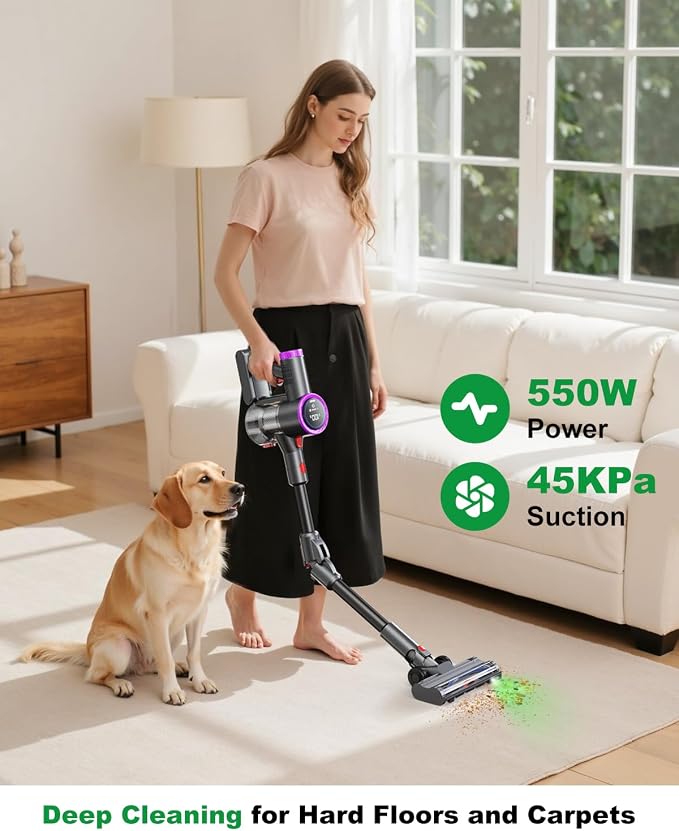 Cordless Vacuum Cleaner, Stick Vacuum Foldable Rechargeable, Powerful Suction Lightweight Vacuum Cleaners for Home,Anti-Tangle,Self Standing for Pet Hair Hardwood Floor Carpet