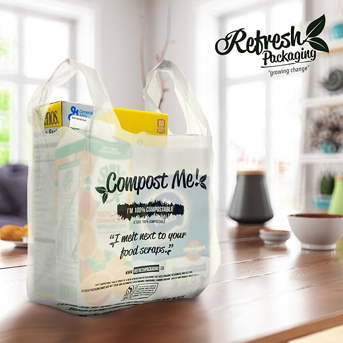 100% Certified Compostable Shopping Bags - Multipurpose Use - T-Shirt Style Bags - 500 Bags Per Case - Eco Friendly - Reduces Waste - Sustainable - No Pollution - Zero Waste