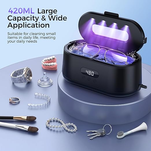 Ultrasonic Jewelry Cleaner, 50KHz Ultrasonic Cleaner Machine, Dual Modes & LED Display, 5 Cleaning Modes, 24W Sonic Cleaner for Jewelry, Eyeglasses, Watches, Rings, Watch Strap,Dentures(Black)