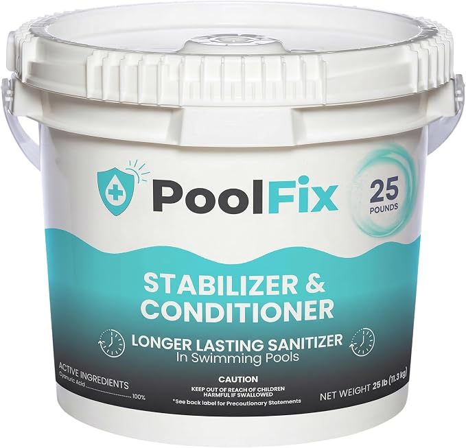 Stabilizer & Conditioner - Easy Latching Bucket for Swimming Pools | Cyanuric Acid for Pool Water Balance, Increase Chlorine Efficiency | Long-Lasting Chlorine Stabilizer (25 Pounds)