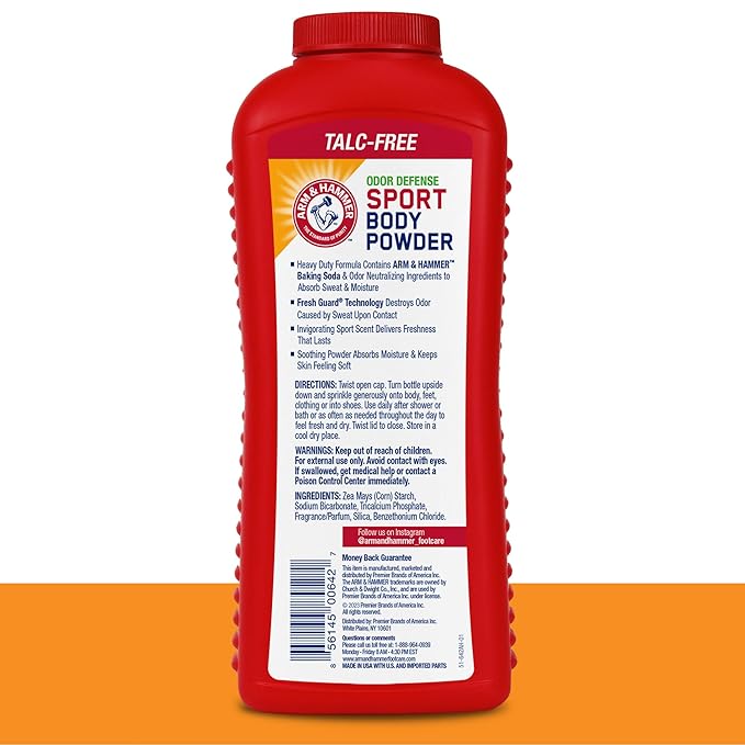 Arm & Hammer Sport Body Powder, Powder for Men and Women, Fresh Feeling, Talc Free, Aluminum Free Odor Defense with Baking Soda