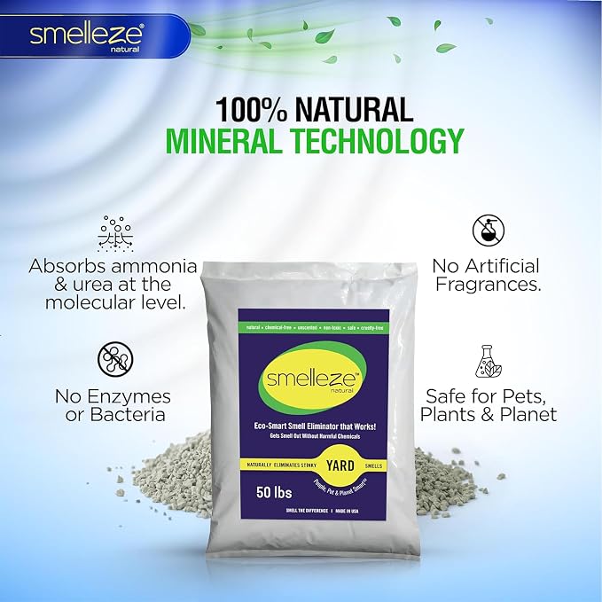 SMELLEZE 50 lb. Yard Odor Eliminator for Dogs – Long-Lasting Turf Cleaner for Pet Urine Outdoor & Poop | Safe for People, Pets, Plants & Planet | Works on Grass, Gravel, Patios & Kennels