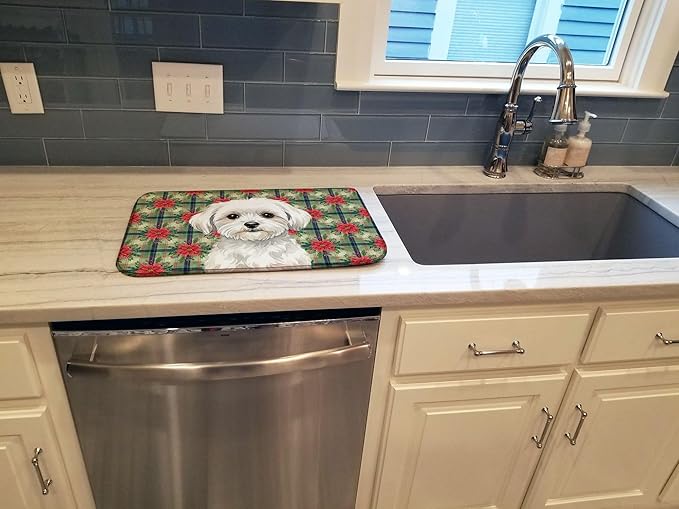 Caroline's Treasures Maltese Christmas PoinsettIas Dish Drying Mat Absorbent Dish Drying Mat Pad for Kitchen Counter Dish Drainer Mat for Countertop, 14 x 21", Multicolor