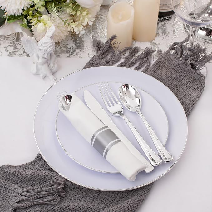 Supernal 120pack Silver Plastic Silverware,Rolled Plastic Silverware,Pre Rolled Napkins with Cutlery Set,Wrapped Disposable Cutlery Set with Napkin Perfect for Mother's Day, Birthday, Wedding,Catering