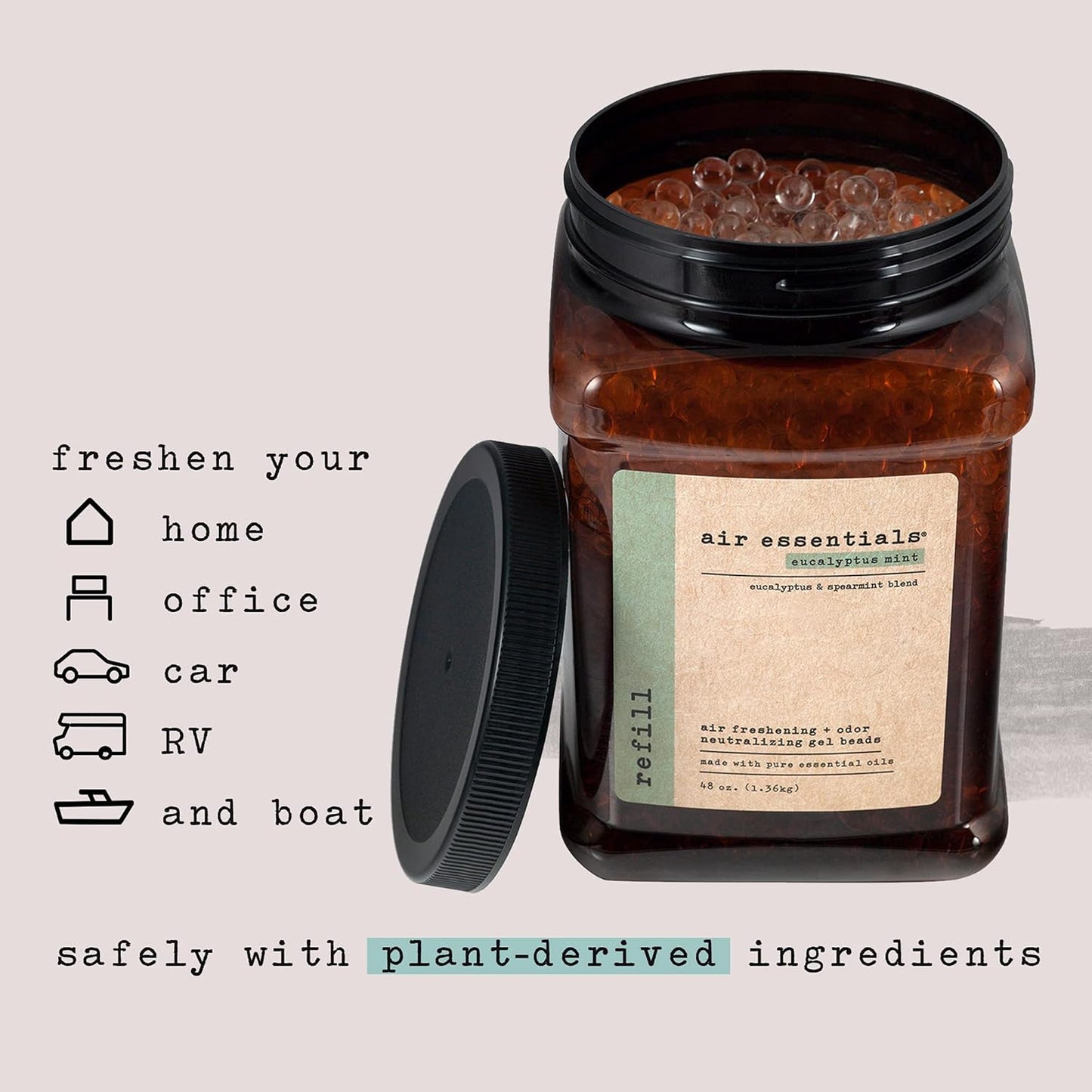 Air Essentials Air Freshener & Odor Neutralizer Gel Bead 48 oz Refill – Odor Eliminator - Made with Pure Essential Oils – Eucalyptus Mint Scent