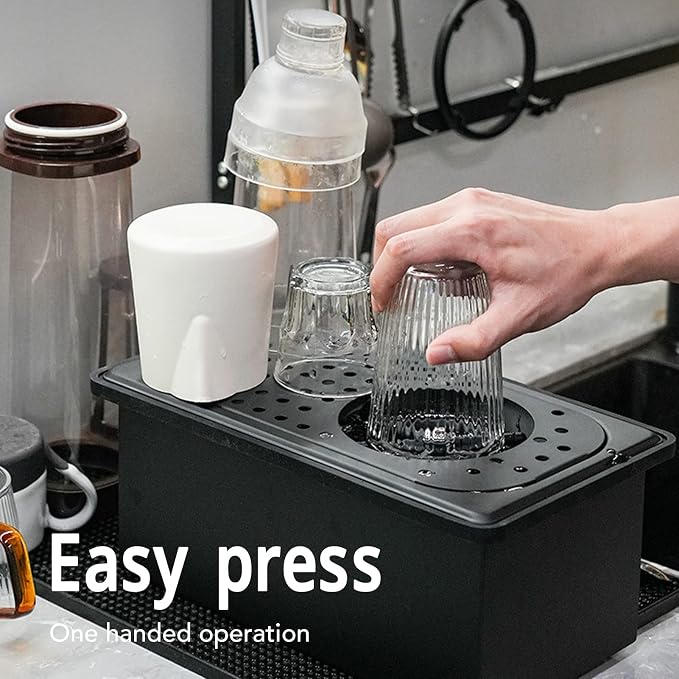 Focket Pitcher Rinser, Stainless Steel Kitchen Sink Glass Rinser with Drain and Drip Tray, Countertop Automatic Cup Washer for Bar, Home, Cafe, Restaurant, Household & Commercial (Black) (Large)