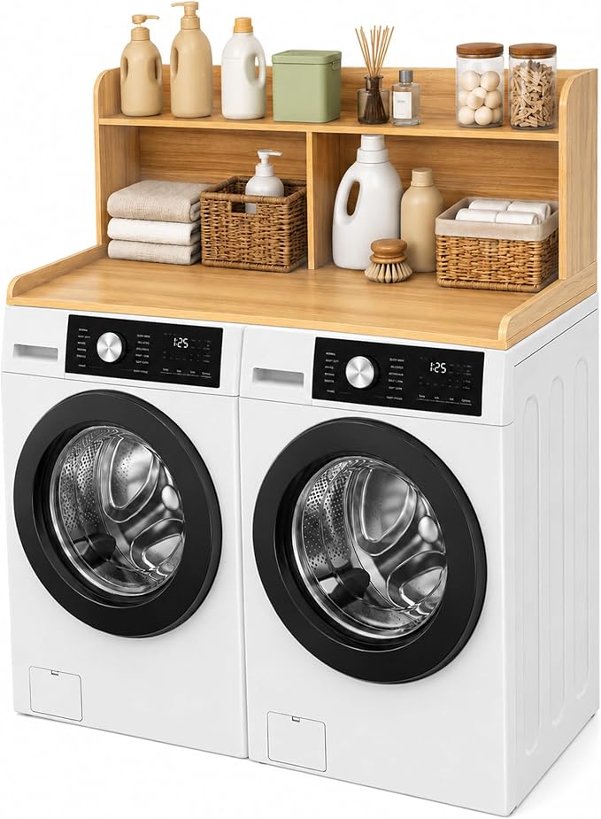 Royxen Washer Dryer Countertop with Extra Tall Shelf, 19" Height Washer and Dryer Topper, Laundry Countertop with Non-Slip Pads, Universal Fit for Laundry Room Organization, Oak