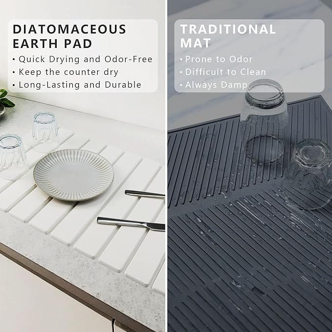 Large Stone Drying Mat for Kitchen Counter Diatomaceous Earth Collapsible 24”（L）*16”（W）Super Heat Resistant Mats, Quick Absorbent Dish Drying Rack（White）