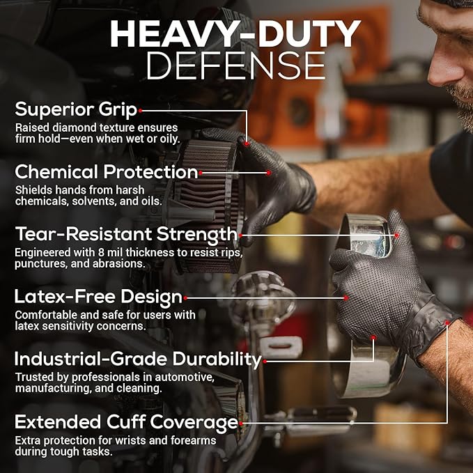 First Glove 8 Mil Heavy Duty Black Nitrile Gloves - Raised Diamond Textured Grip - Gloves for Mechanic, Automotive & Work