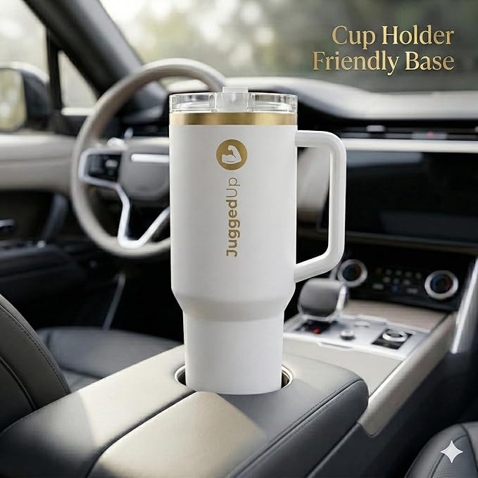 Hydra 40oz Insulated Stainless Steel Tumbler with Handle & Flip Straw Lid – Leak Proof Vacuum Travel Mug, Cup Holder Compatible, BPA Free – Arctic Gold