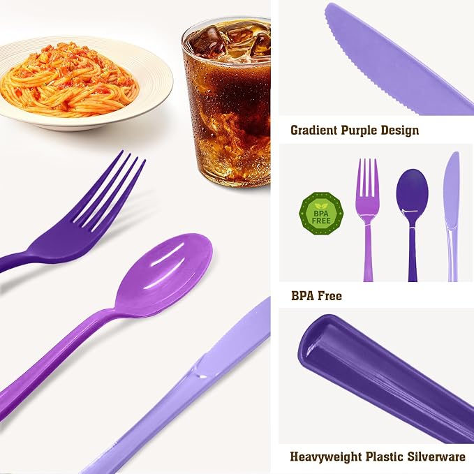 180 PCS Purple Plastic Silverware Heavy Duty Purple Plastic Cutlery Set Disposable 60 Forks, 60 Knives, 60 Spoons for Birthday, Wedding, Picnic, Baby Shower