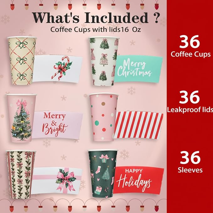 36 Sets/ 108 Pcs Pink Bow Christmas Tree Paper Cups 16 oz Disposable Coffee Cups with Lids and Sleeves Xmas Hot Cocoa Coffee Mug for Cold Drinks Hot Chocolate Christmas Party Supplies