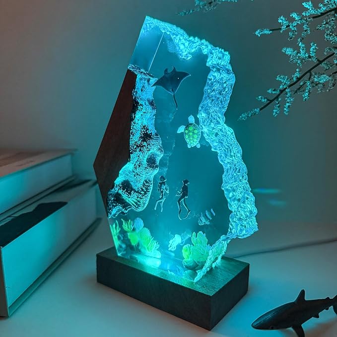 Scuba Diving Resin Ocean Lamp,Handmade 3D Ocean Night Light With Woodden Base,Variable Lights, Scuba Diver Gifts,Diving Enthusiast Collectibles, Unique Birthday Holiday Gifts for Men & Women (L12"x8")