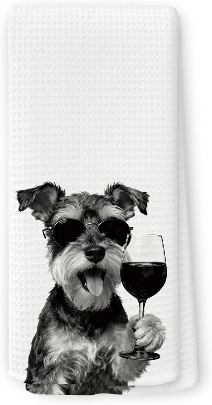 Funny Schnauzer Wine Kitchen Towels, Gifts for Dog Wine Lovers, Bar Accessories Dish Tea Towels for Kitchen, Dog Owners Housewarming Gift Decorative Hand Towel 16x24 Inch
