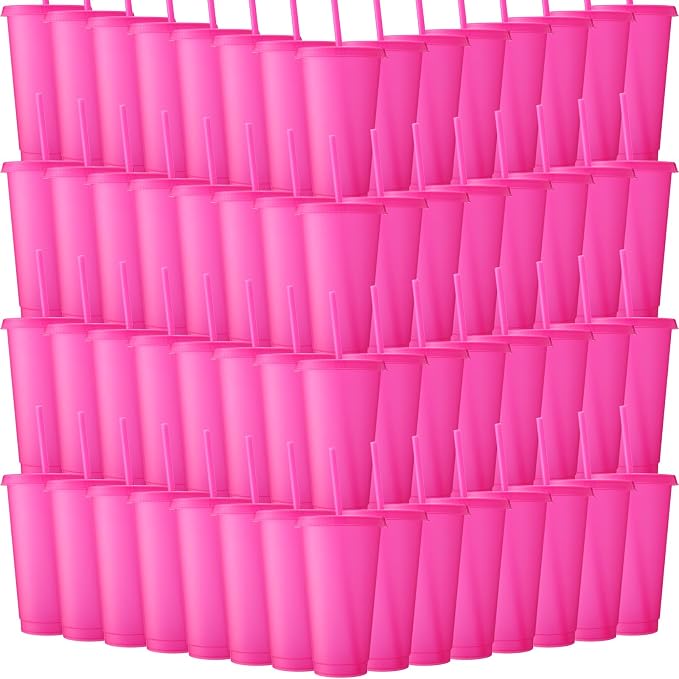 Honeydak 60 Pack Tumbler with Straw and Lid Bulk Cups for Gifts Water Bottle Iced Coffee Travel Mug Cup Reusable Plastic Tumblers for Party Birthdays 24-27 oz (Rose Red Color)