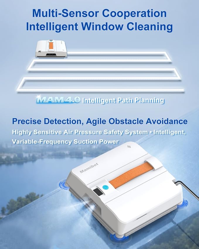 Mamibot W120-DP Window Cleaning Robot, 3200Pa Strong Suction, 10 Cleaning Modes, 4-Spray Water Jet, Smart Edge Detection, App & Remote Control – Ideal for High-Rise Glass, Mirrors & Tiles (Blue)