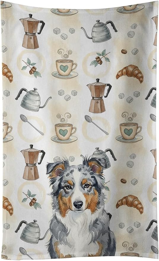 Caroline's Treasures Blue Merle American Shepherd Coffee Bar Kitchen Towel Velour Plush Front and Cotton Loop Back Machine Washable