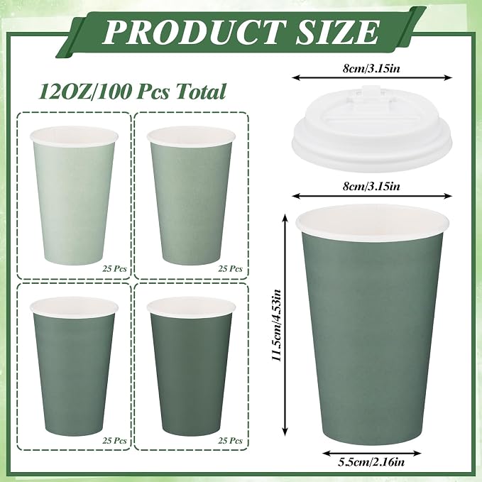 100 Pack Sage Green Coffee Cup with Lids Sleeves, 12oz Insulated To Go Paper Cups Gradient Green Party Cups Disposable Paper Cups, Drinking Cup for Wedding Birthday Baby Shower Tea Party Supplies