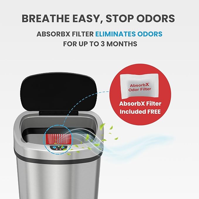 SensorCan 13 Gallon Touchless Sensor Odor Control System, Stainless Steel Oval Shape Automatic Garbage Bin, Base Model Trash Can