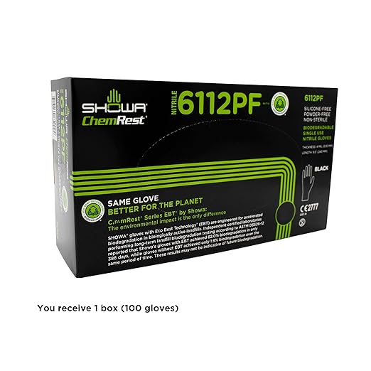 SHOWA 6112PF Sustainable EBT Latex-Free, Powder-Free, Nitrile Disposable Single Use Safety Gloves, 4 Mil, 9.5" Length, Black, Small, (1 Box/100 Gloves)