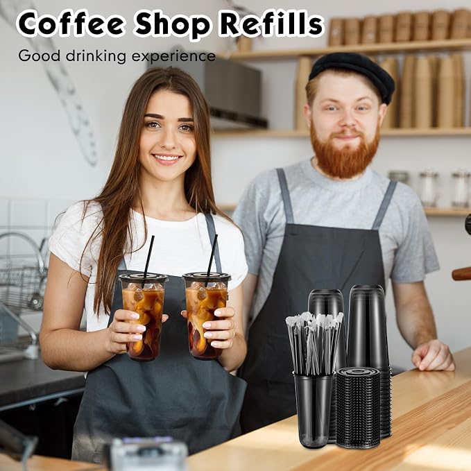 Ziliny 50 Set Black Plastic Cups with Lids and Straws, Disposable Iced Coffee PET Cups for Drinking Cold Beverage Juice Parfait Smoothie Milkshake Coffee Shops Party Supplies (20 oz)