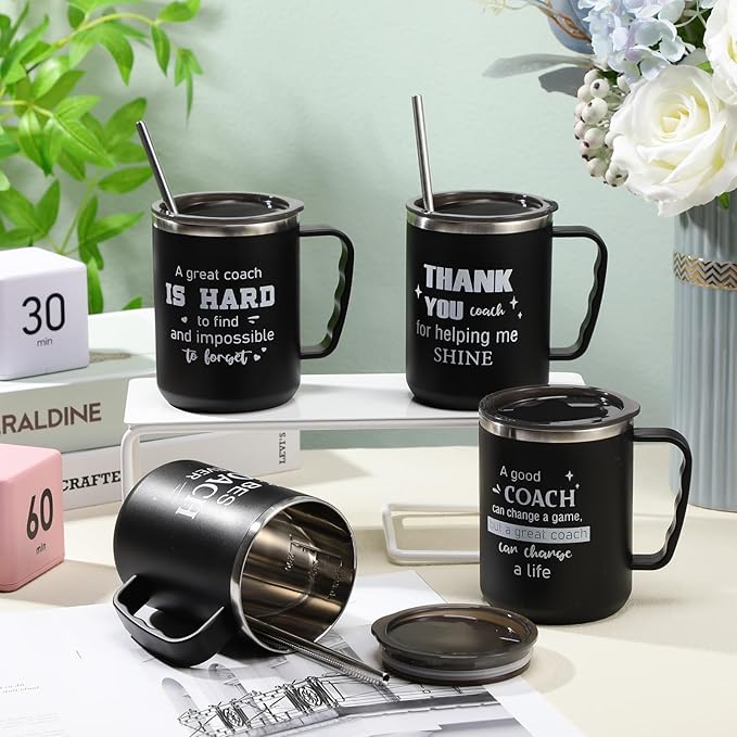 Uiifan 4 Sets Thank You Gifts for Coach Christmas 16 oz Coach Cup with Handle Straw Lid Straw Brush Stainless Steel Insulated Sports Team Coffee Mug for Xmas Appreciation Retirement Gift(Black)
