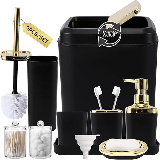 XLHOMO Black Bathroom Accessories Set, Black and Gold Bathroom Accessories with Trash Can, Tray, Soap Dispenser, Soap Dish, Toothbrush Holder, Toothbrush Cup,Toilet Brush and Qtip Holders