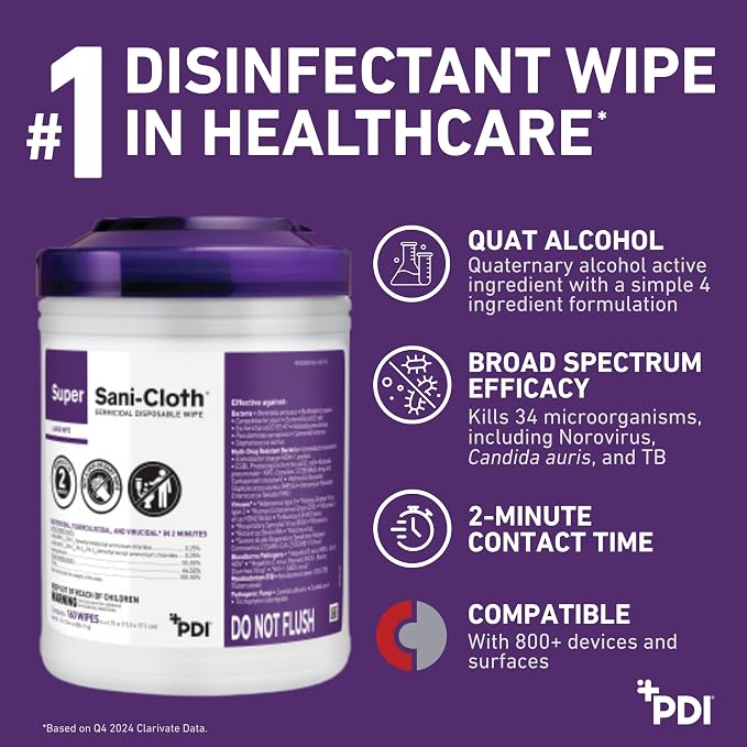 Professional Disposables Surface Disinfectant Super Sani-Cloth Wipes, 160Count (Pack of 6)