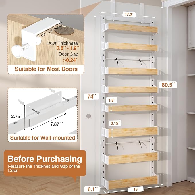 Over The Door Pantry Organizer, Adjustable & Stable Hanging Spice Rack for Kitchen, Bathroom, Bedroom, and Baby Essentials Storage