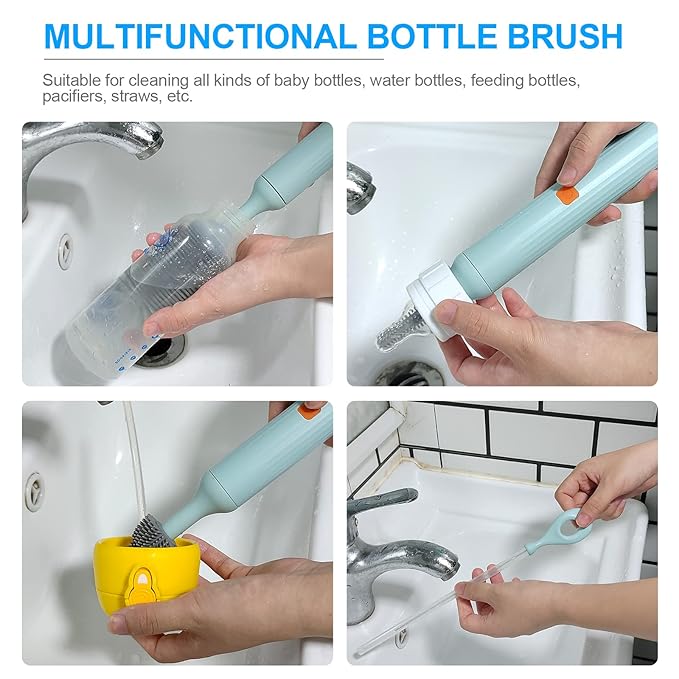 Electric Bottle Brush Cleaner Kit with Rechargeable Baby Bottle Brush Cleaner, Pacifiers Cleaner,Gap Cleaner, Long Straw Brush, Waterproof,Baby Newborn Essentials,Gift for Mothers,Blue