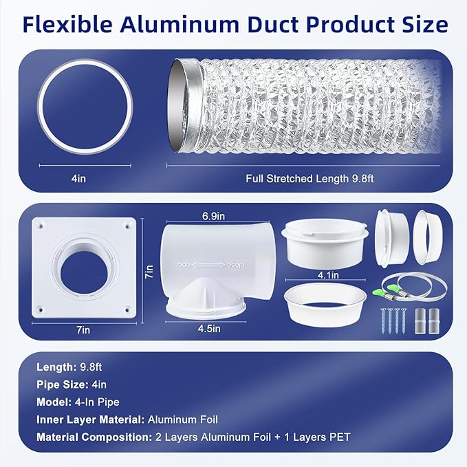 Dryer Vent Hose Kit 4 Inch - Flexible Steel-Reinforced Duct with 90° Elbow, Wall Plate & Silicone Seals for Tight Spaces, Indoor/Outdoor Venting, Dryers, Bathrooms, Workshops