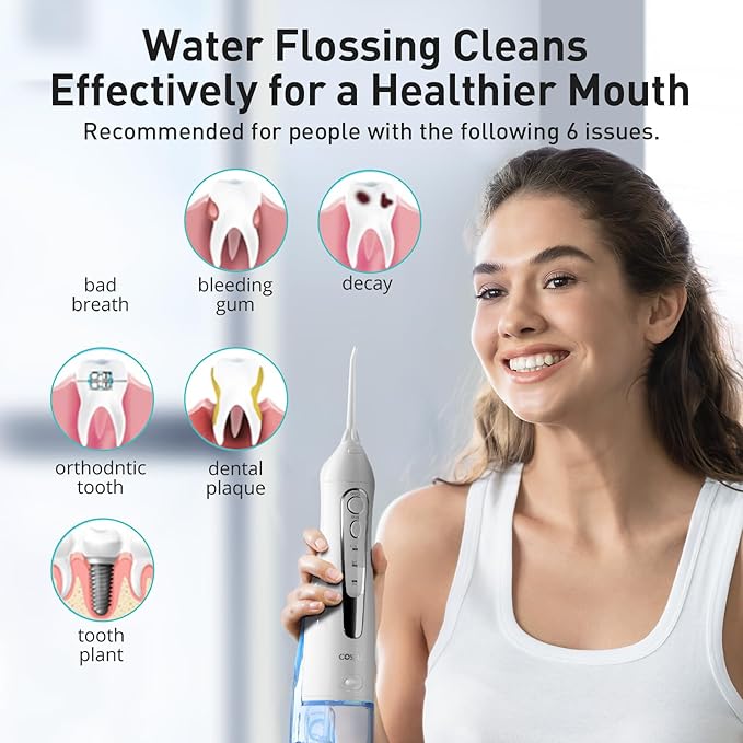 COSLUS Water Dental Flosser Teeth Pick C20: Portable Cordless Oral Irrigator 300ML Rechargeable Travel Irrigation Cleaner IPX7 Waterproof Electric Flossing Machine for Teeth Cleaning, White