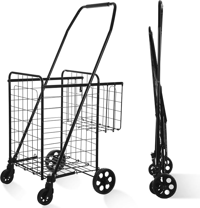 BIEAMA Folding Shopping Cart, 200 Lb Capacity Grocery Cart, Medium Size | Heavy Duty Utility Cart with 360 Rolling Swivel Wheels, Extra Basket