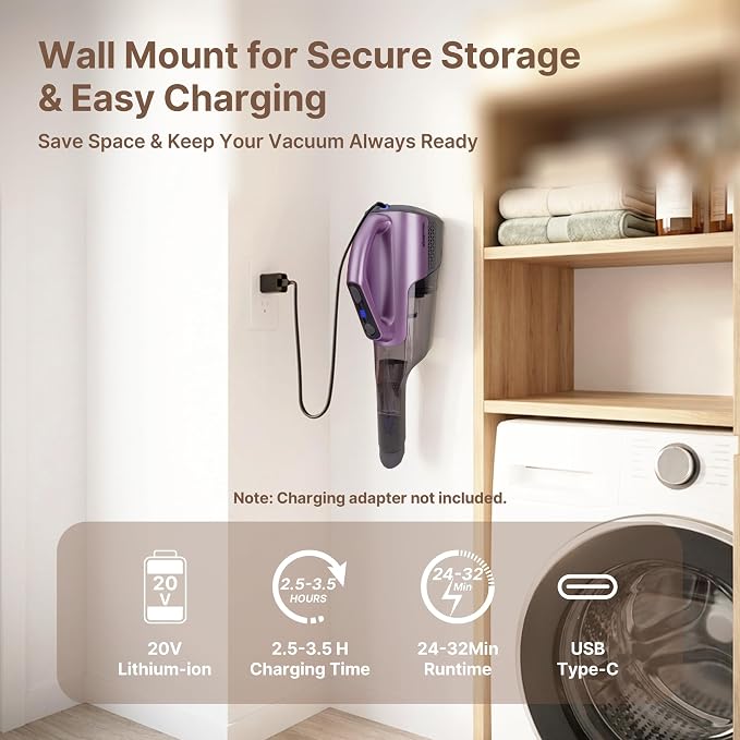 Shop-Vac S3 20V Handheld Vacuum Cordless, Dual-Speed Powerful Portable Car Vacuum Rechargeable, Wall-Mounted Lightweight Hand Vacuum for Home & Car, LED Light, HEPA Filter, Purple
