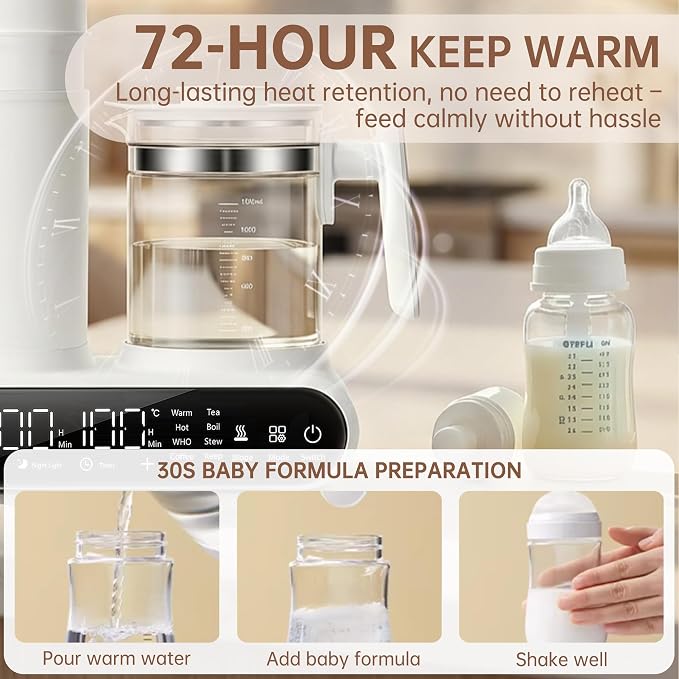 16-in-1 Fast Baby Bottle Warmer with Timer for Breastmilk & Formula | Hot Air Dry, 1.2L Electric Kettle, Precise Temp Control, Thaw, Steam Clean, Keep Warm, Heat Food, Food Grade Material
