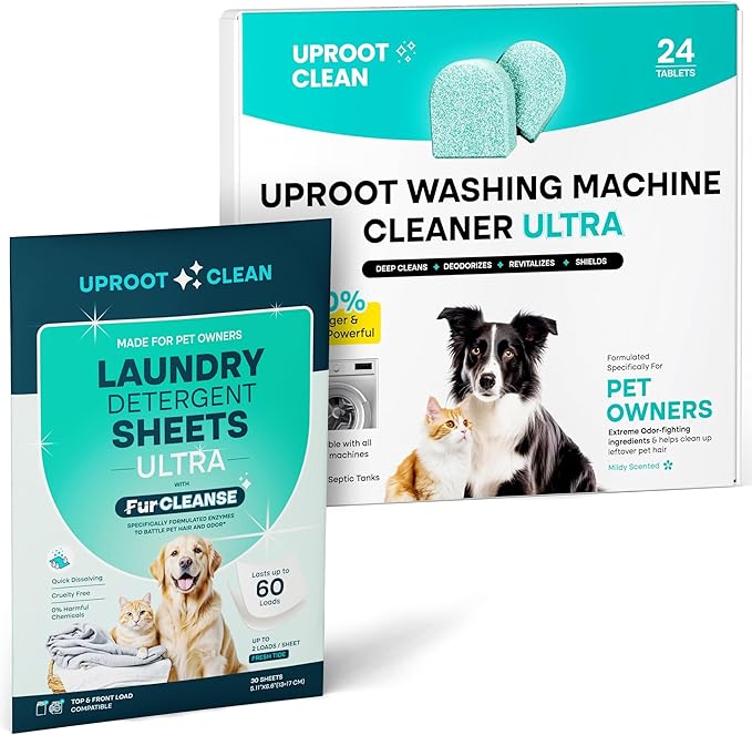 Uproot Clean Washing Machine Cleaner Tablets Ultra 24 Pack & Laundry Sheets Ultra Fresh Tide 30 Pack: Made for Pet Owners - Refresh & Protect - Eliminate Odor & Fur - Compatible With All Machines