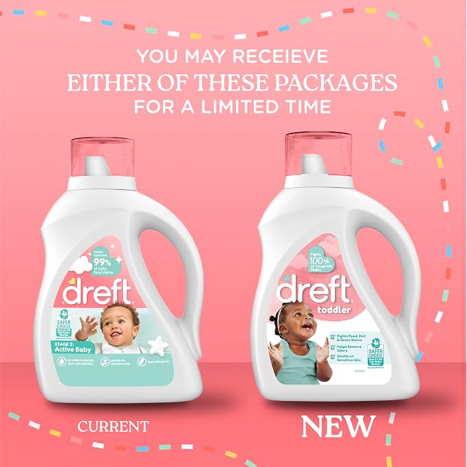 Dreft Toddler Liquid Laundry Detergent, Gentle on Sensitive Skin Laundry Soap, 42 fl oz, 32 Loads, Pack of 2 (Packaging May Vary)