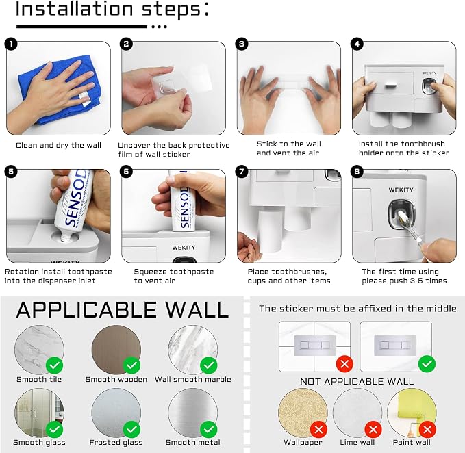Toothbrush Holder Wall Mounted, WEKITY Multi-Functional Toothbrush and Toothpaste Dispenser for Bathroom, with 5 Toothbrush Slots and 4 Wall Adhesives, 2 Toothpaste Squeezers and 4 Cups