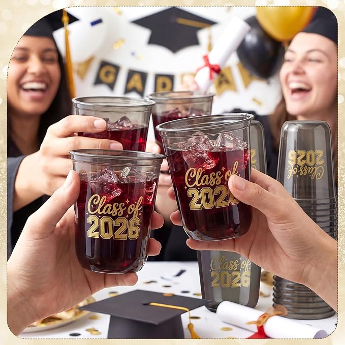 Potchen 50pcs Graduation Cups Class of 2026 12oz Clear Plastic Graduation Party Cups for 2026 Celebration Party Supplies Congrats Grad Tableware Decoration(Black Yellow)