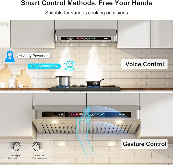BRANO 30 Inch Under Cabinet Range Hood with Voice/Gesture/Touch Control, 900 CFM Kitchen Vent Hood with 4-Speed Exhaust Fan, Stainless Steel Stove Hood with LED Lights, Baffle Filters