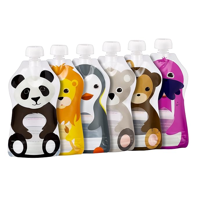 The Filling Station: Squooshi Food Pouch Filler + 6 Large 5 oz Reusable Pouches for Baby Food Puree Storage and Snack Food Pouches
