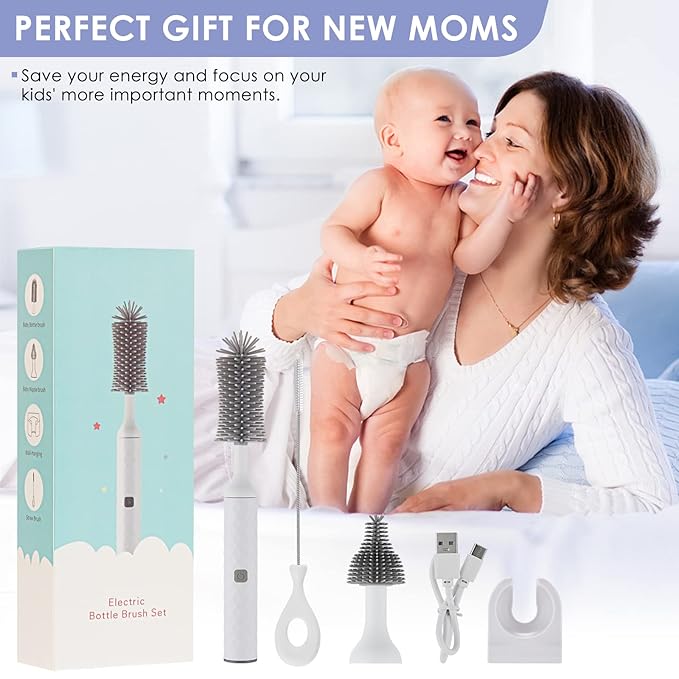 Bottle Brush Cleaner Electric with Electric Brush,Silicone Baby Bottle/Nipple Brush Replacement,Straw Cleaner Brush, Wall Mount,Rechargeable&Waterproof Water Bottle Cleaner Brush, White