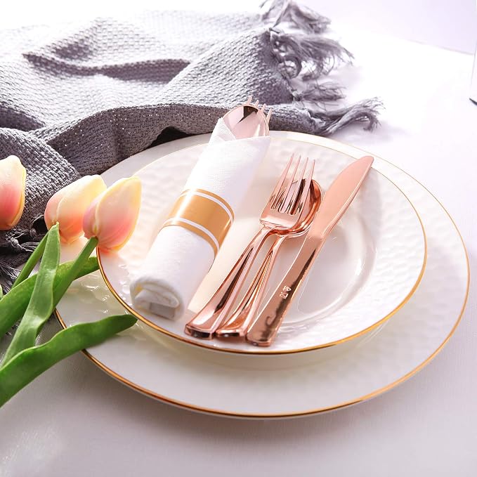 Supernal 30 Pack Pre Rolled Rose Gold Plastic Silverware with Linen Feel Napkin, Heavy Duty Disposable Wrapped Cutlery Set for Bridal Showers, Weddings, Birthdays & 2026 Graduations