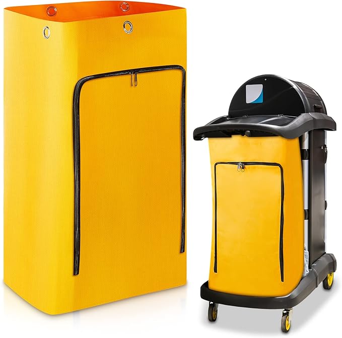 Meanplan 1 Pack Cleaning Cart Bag Zippered Front Replacement Janitorial Cart Thick Bag Large Capacity Commercial Cleaning Bags for Housekeeping Carts, Yellow (26.5 x 15.5 x 10.5 Inch)
