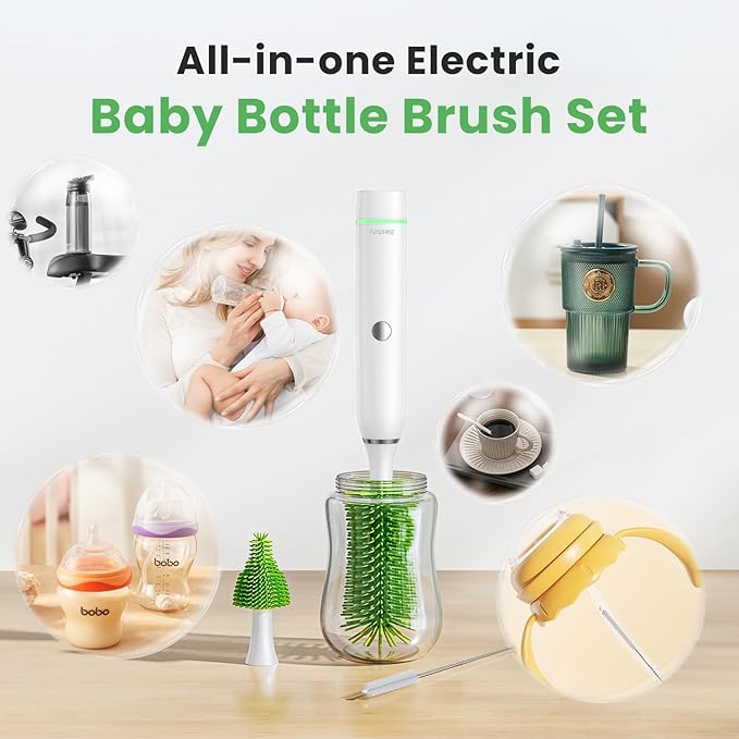 Bestidy Electric Baby Bottle Cleaner Kit for Travel- Rechargeable 360° Rotation Electric Baby Bottle Brush with Replaceable Nipple/Straw Brush, 2-Speed Modes, 50ml Lotion Bottle & Storage Bag
